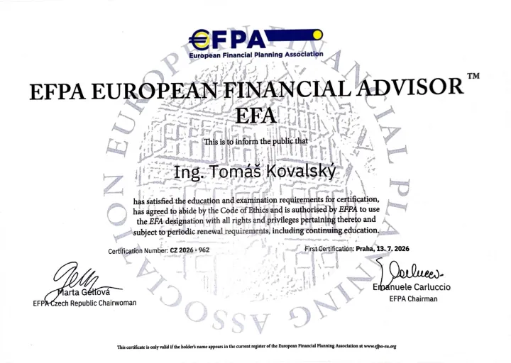 Certifikát EFPA European Financial Advisor pre Ing. Tomáša Kovalského