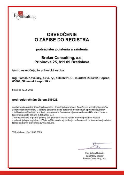 Osvedčenie o zápise do registra NBS, podregister poistenia a zaistenia